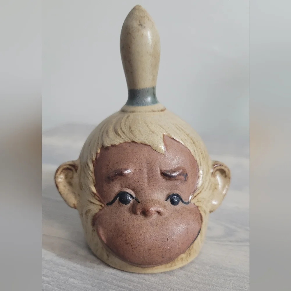 Japan 3-DMonkey Bonobo Chimpanzee Uctci Stoneware Animal Dinner Bell Pottery Vtg